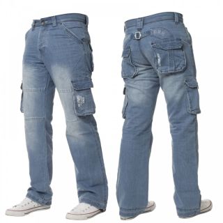 Mens Enzo New CARGO Combat Light Washed Straight Leg Jeans