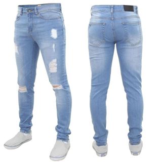 New ENZO Mens Designer Stretch Super Skinny Ripped Denim Jeans Light Stonewash