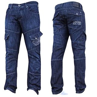Mens Jeans Crosshatch New CARGO Combat StoneWashed Straight Leg Jeans