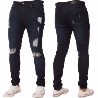 New ENZO Mens Designer Stretch Super Skinny Ripped Denim Jeans Dark Stonewash