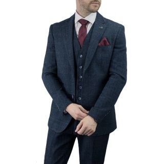 Cavani Carnegi 3 Piece Suits Check Tweed Regular Fit Blazer Navy Check