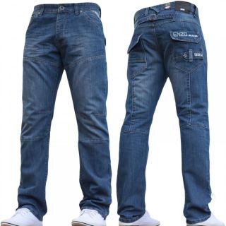 Enzo EZ243 Regular Fit Straight Leg Jeans Mid Stonewash Jeans