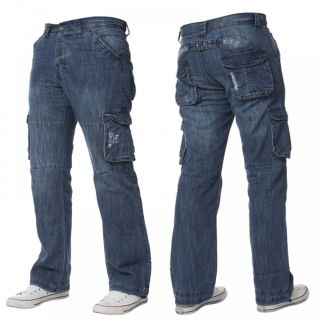 Mens Enzo New CARGO Combat Mid Washed Straight Leg Jeans