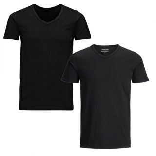 Jack & Jones New Mens 2 Pack V Neck Slim Fit T-shirt Stretchy Plain Lycra Cotton Tee Black