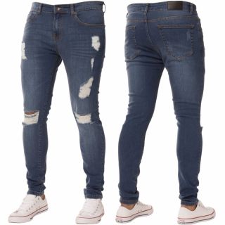 New ENZO Mens Designer Stretch Super Skinny Ripped Denim Jeans Mid Stonewash