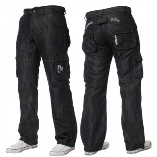 Mens Enzo New CARGO Combat Dark Washed Straight Leg Jeans