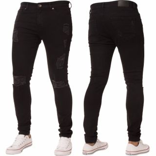 New ENZO Mens Designer Stretch Super Skinny Ripped Denim Jeans Black