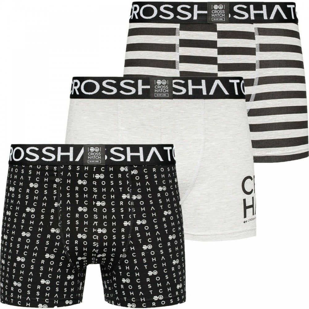 Crosshatch 3 Pack Gridline Designer Boxer Trunks Underwear Grey Marl