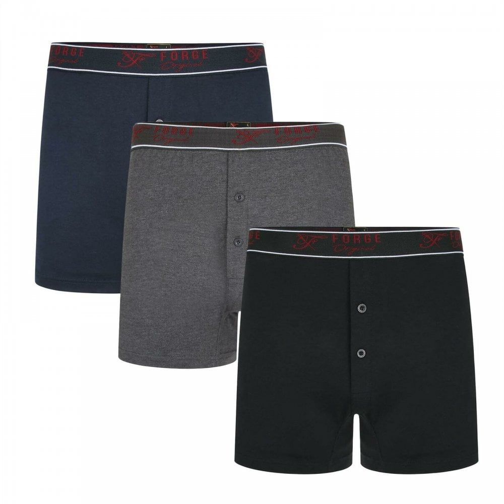 Forge Men's Boxer Shorts 3 Pack Trunks Cotton Underwear Button Fly Underpants