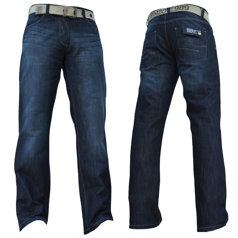 Enzo Mens EZ14 Designer Regular Bootcut Denim Dark Used Look Jeans 