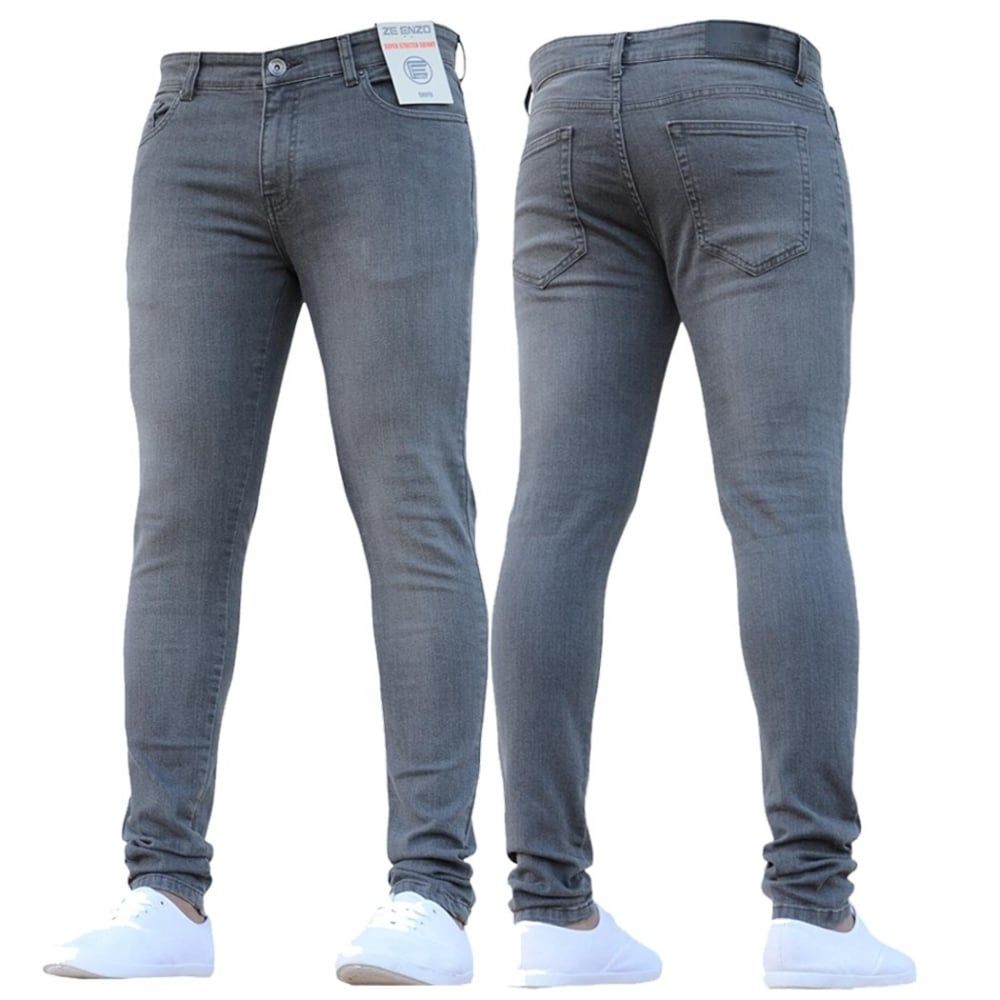 ENZO Mens New Designer Stretch Super Skinny Denim Jeans Grey