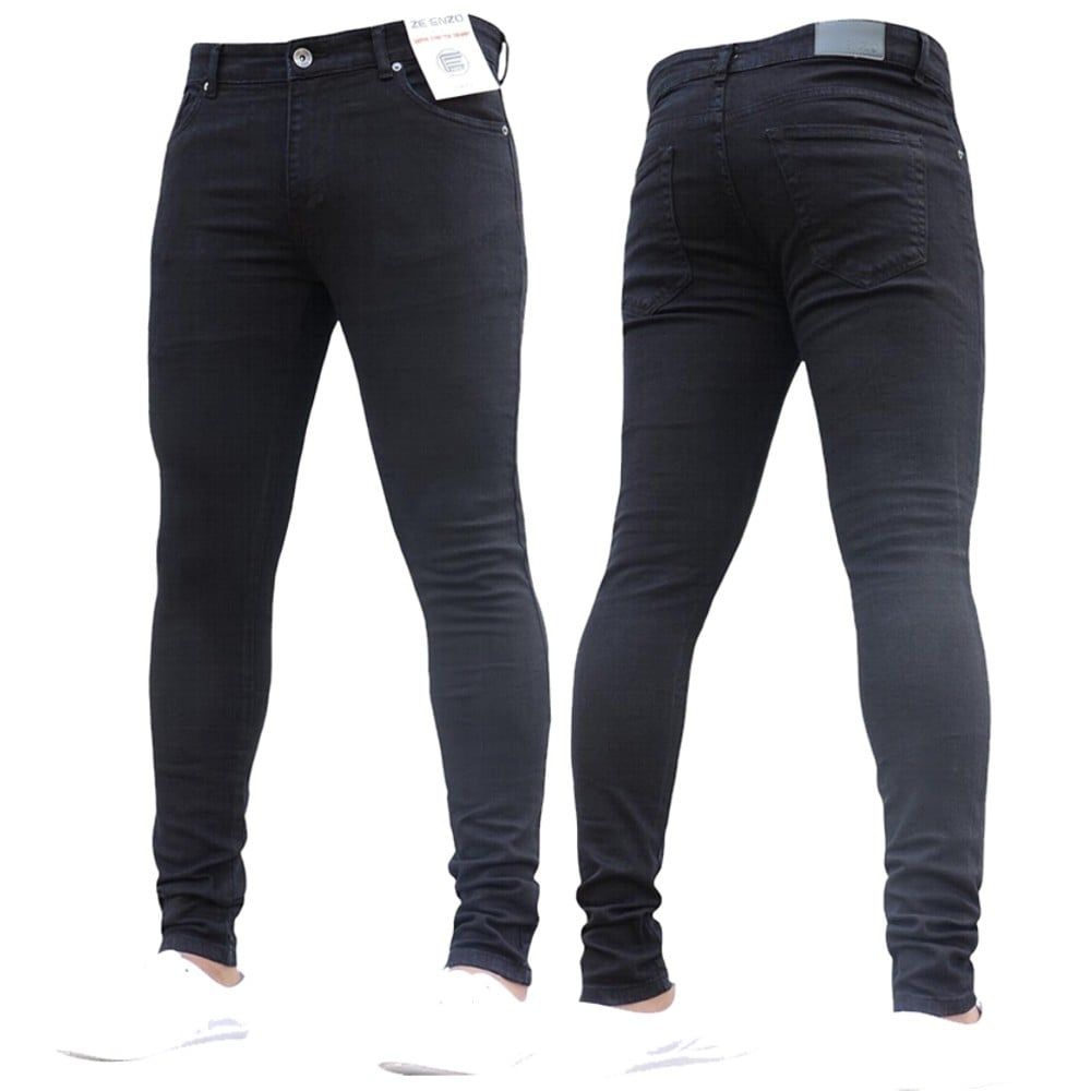 New ENZO Mens Designer Stretch Super Skinny Denim Jeans Black