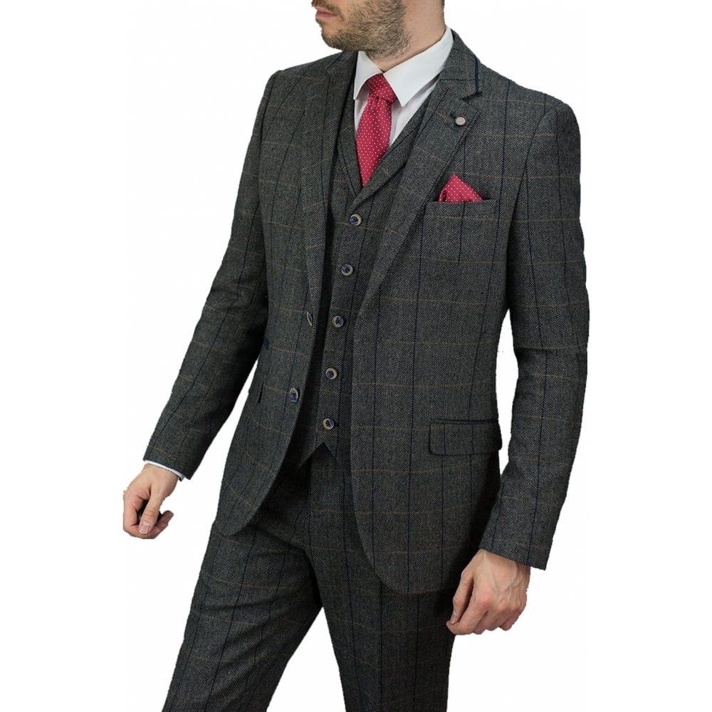 Cavani Albert 3 Piece Suits Check Tweed Regular Fit Blazer Grey Check