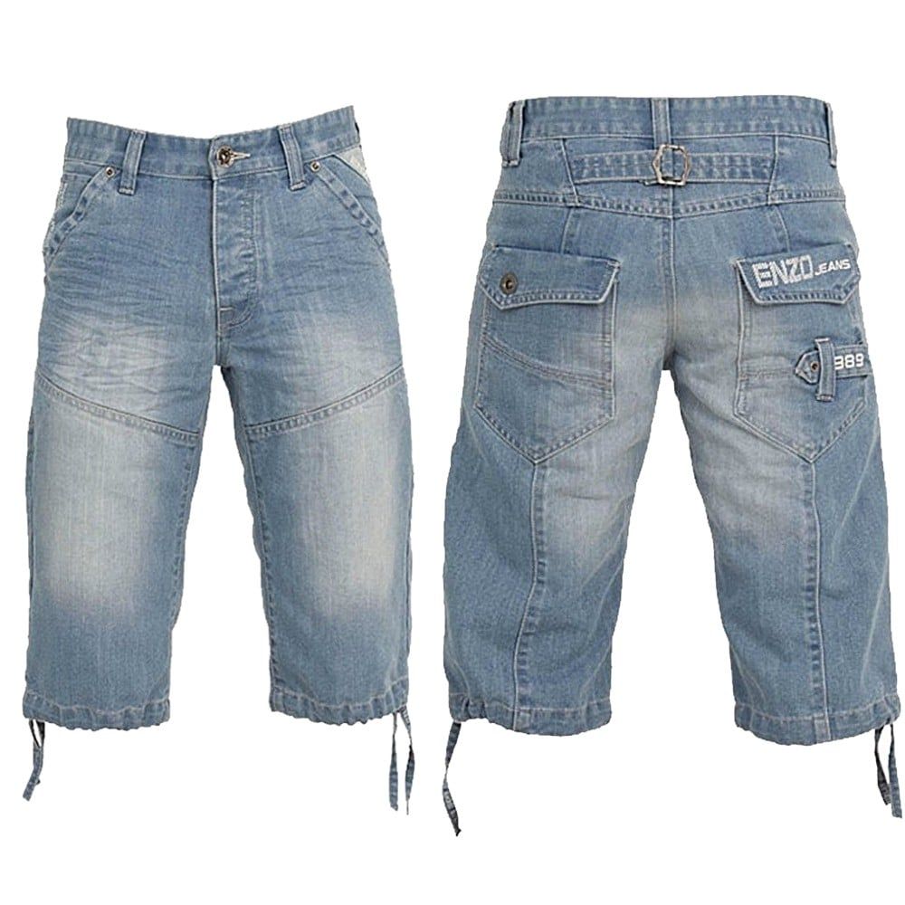Enzo EZS 243 Mens Designer Branded Denim Combat Shorts Bleach Wash