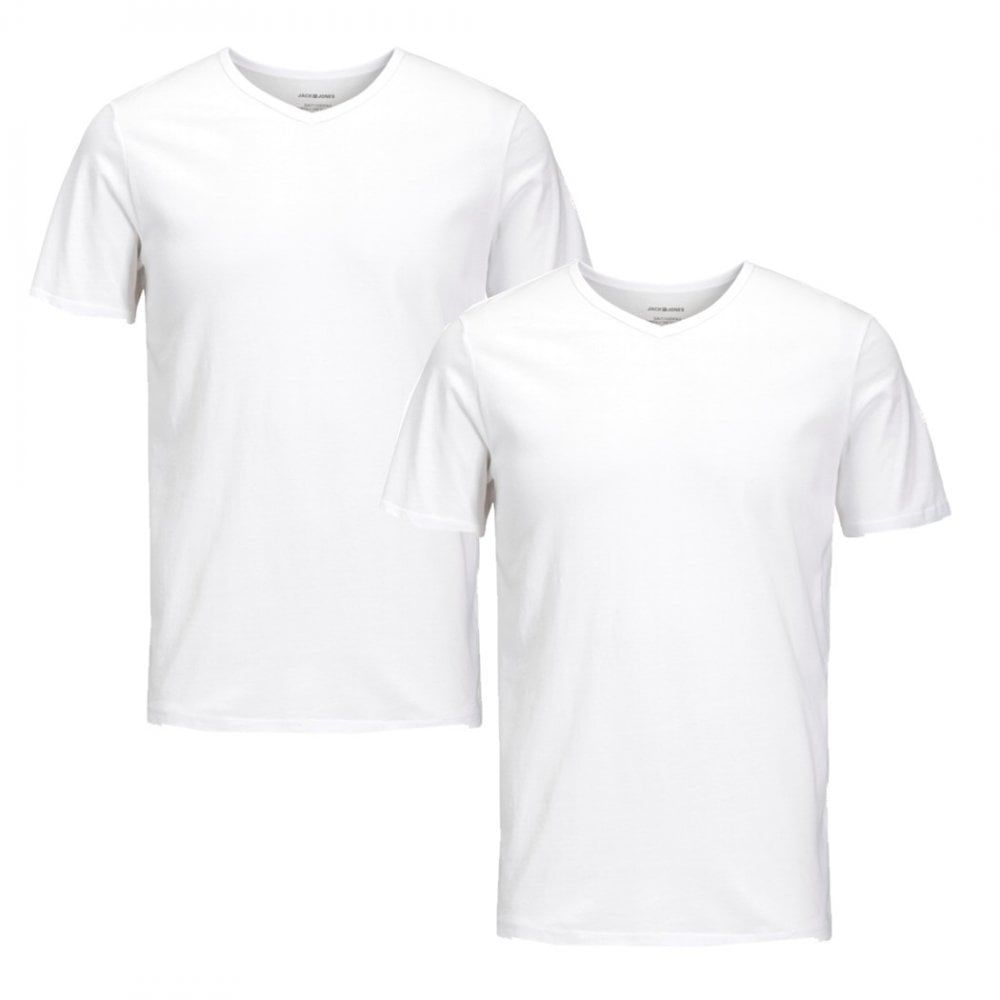Jack & Jones New Mens 2 Pack V Neck Slim Fit T-shirt Plain Cotton Tee White