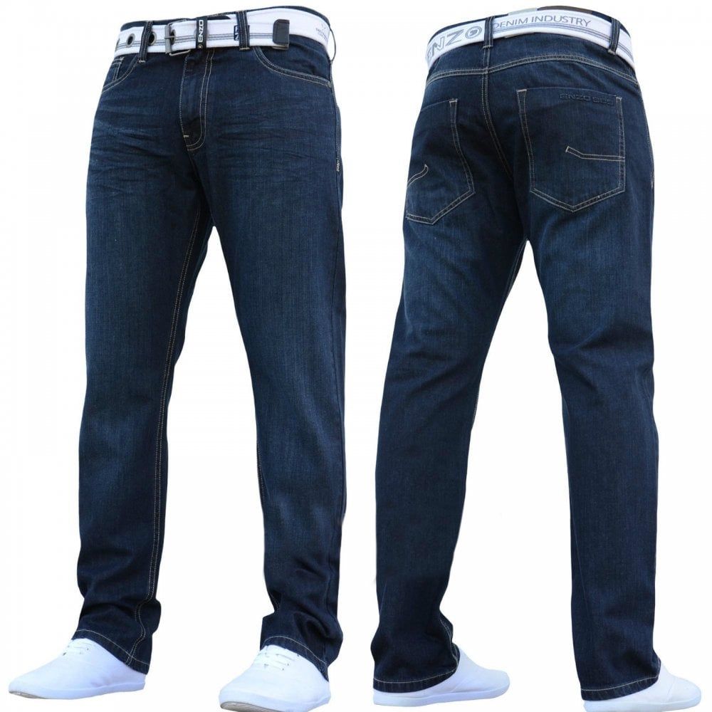Enzo Mens EZ 324 Designer Straight Fit Denim Jeans Pants Rinse Wash 