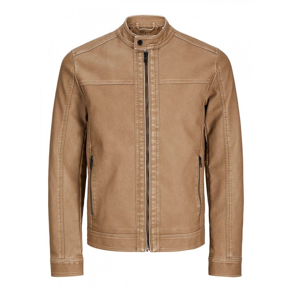 Jack & Jones Warner Casual Biker Washed PU Jacket Tan