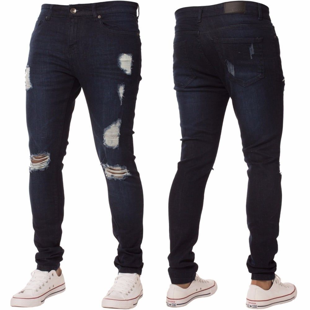 New ENZO Mens Designer Stretch Super Skinny Ripped Denim Jeans Dark Stonewash