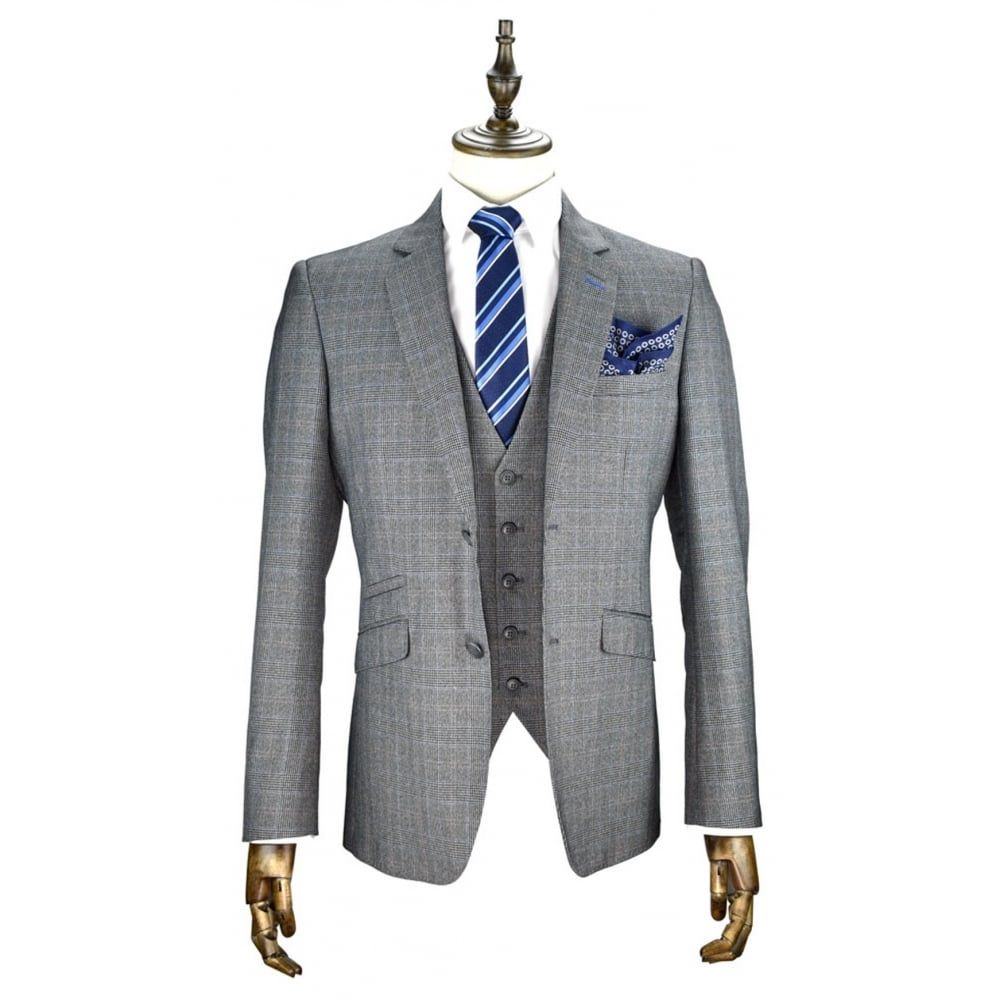 Cavani Mens Edan 3 Piece Tweed Suit Grey Check Party Prom Wedding Suit Tailored 3PC