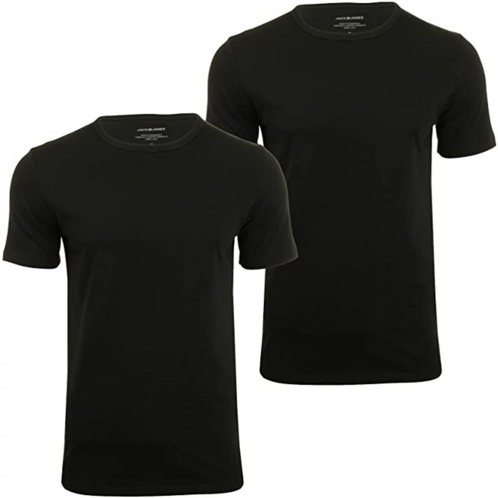 Jack & Jones New Mens 2 Pack Crew Neck Slim Fit T-shirt Stretchy Plain Lycra Cotton Tee Black