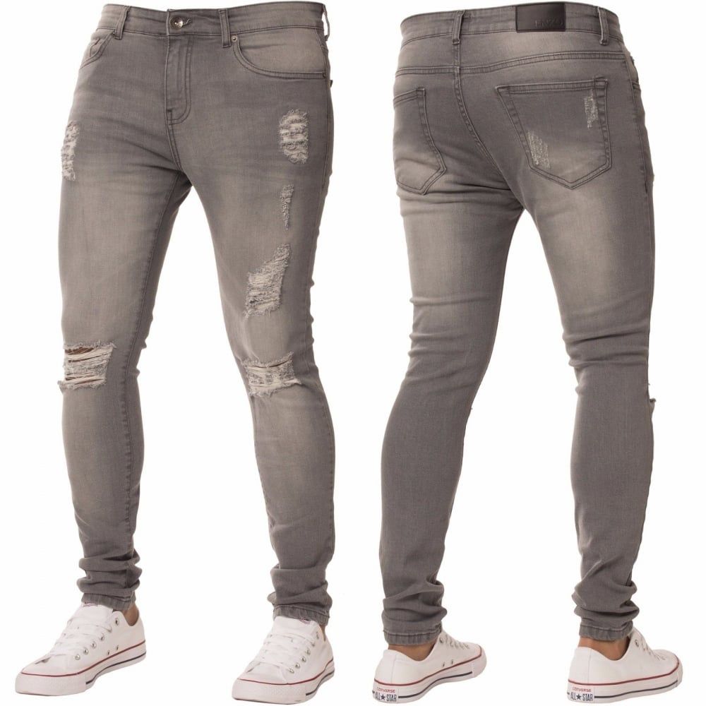 New ENZO Mens Designer Stretch Super Skinny Ripped Denim Jeans Grey