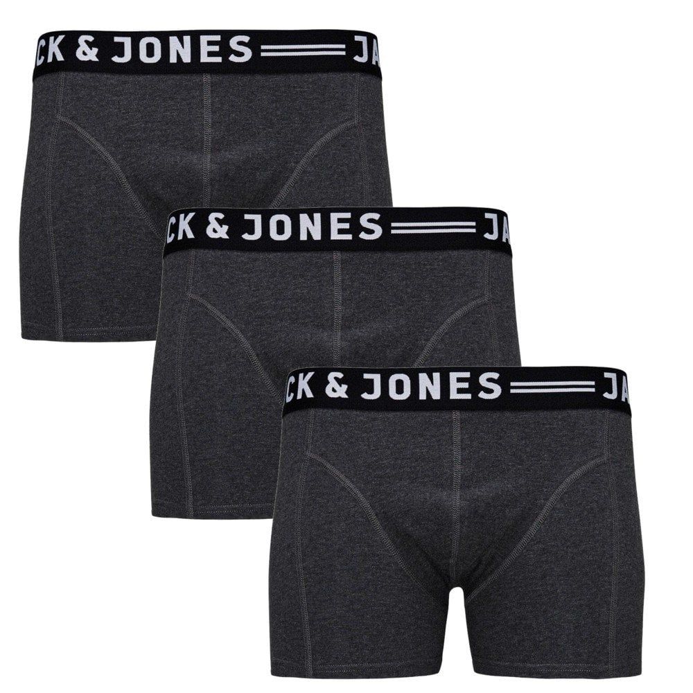 Jack & Jones Mens 3 Pack Sense Boxer Trunks Shorts Charcoal
