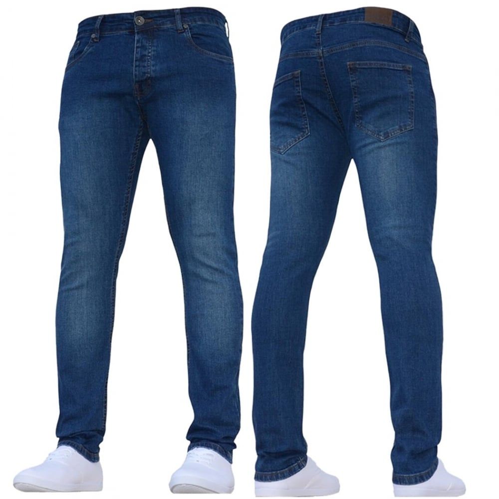 New ENZO Mens Designer Stretch Super Skinny Denim Jeans Mid Stonewash