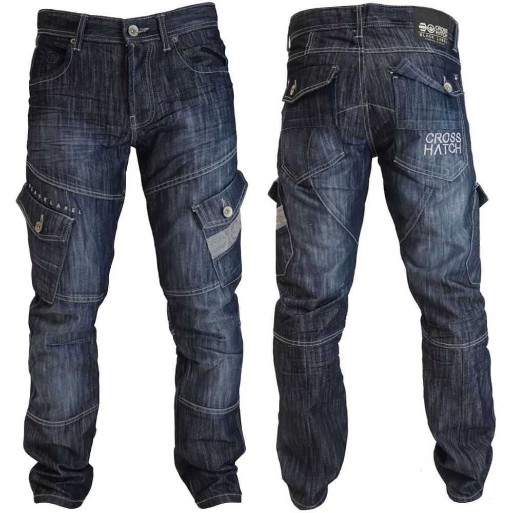 Mens Crosshatch New CARGO Combat Dark Washed Straight Leg Jeans