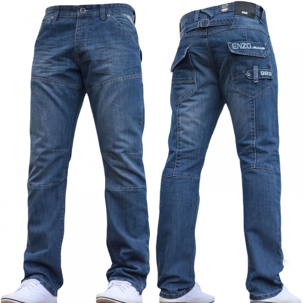 Enzo EZ243 Regular Fit Straight Leg Jeans Mid Stonewash Jeans