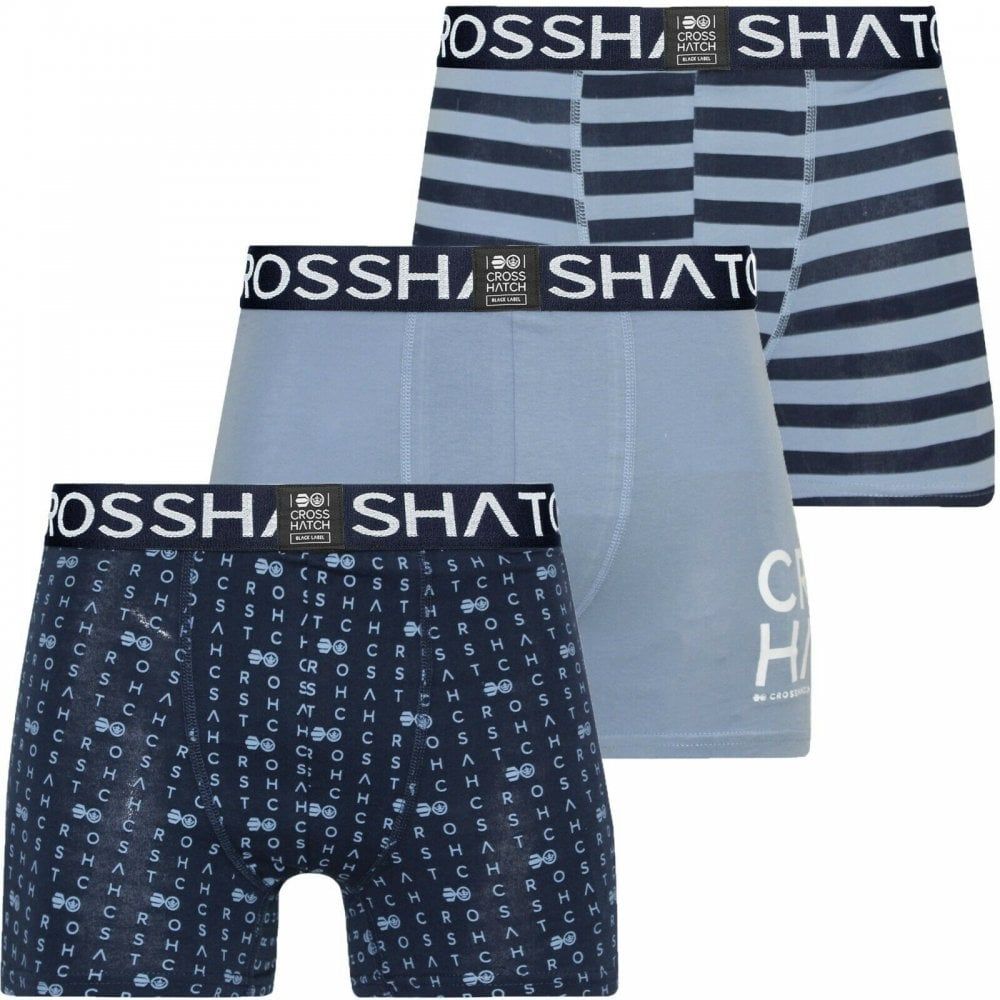 Crosshatch 3 Pack Gridline Designer Boxer Trunks Underwear Denim Blue