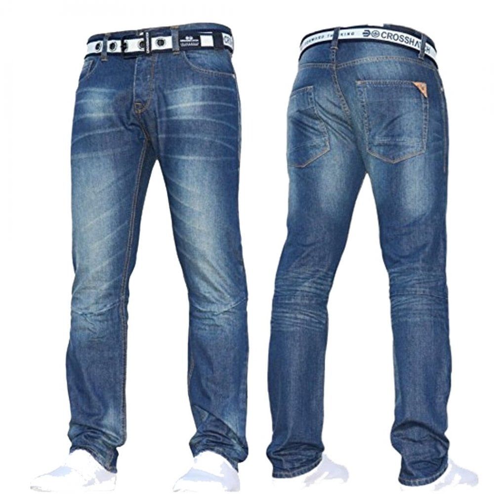 Mens Crosshatch New Gamitto Straignt Leg Distressed Jeans Mid Wash