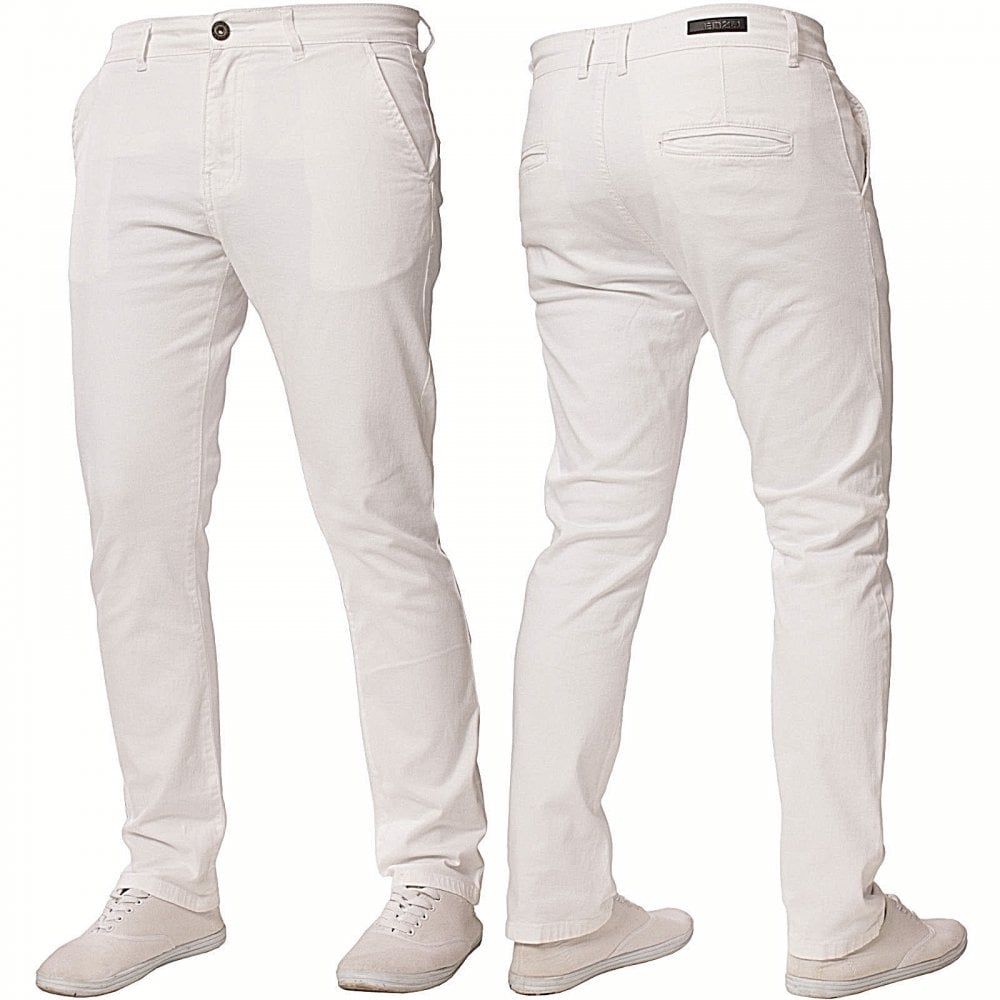 Enzo New Mens EZ348 Slim Fit Stetch Designer White Jeans Chinos