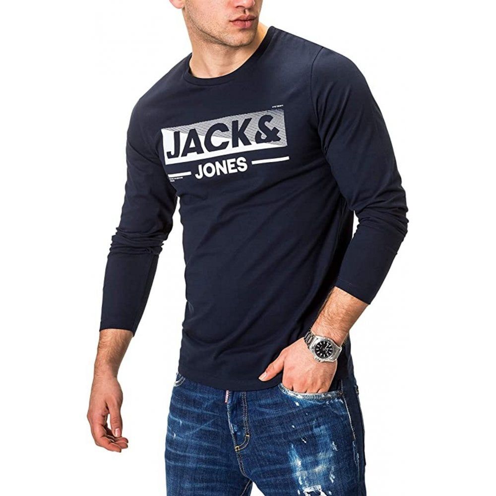 Mens Jack & Jones New Town Designer Classic Long Sleeve T Shirt Sky Captain