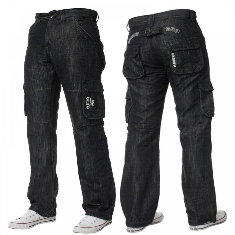 Mens Enzo New CARGO Combat Dark Washed Straight Leg Jeans