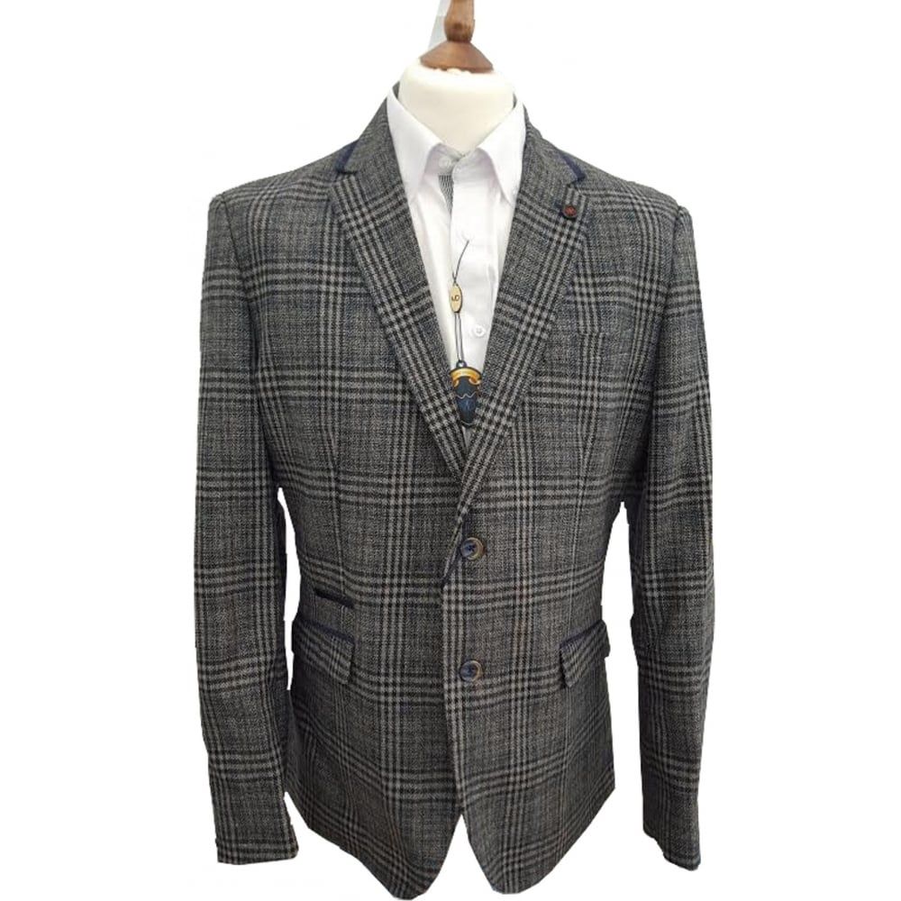 Cavani Walter Mens Check Herringbone Tweed Regular Fit Blazer Grey