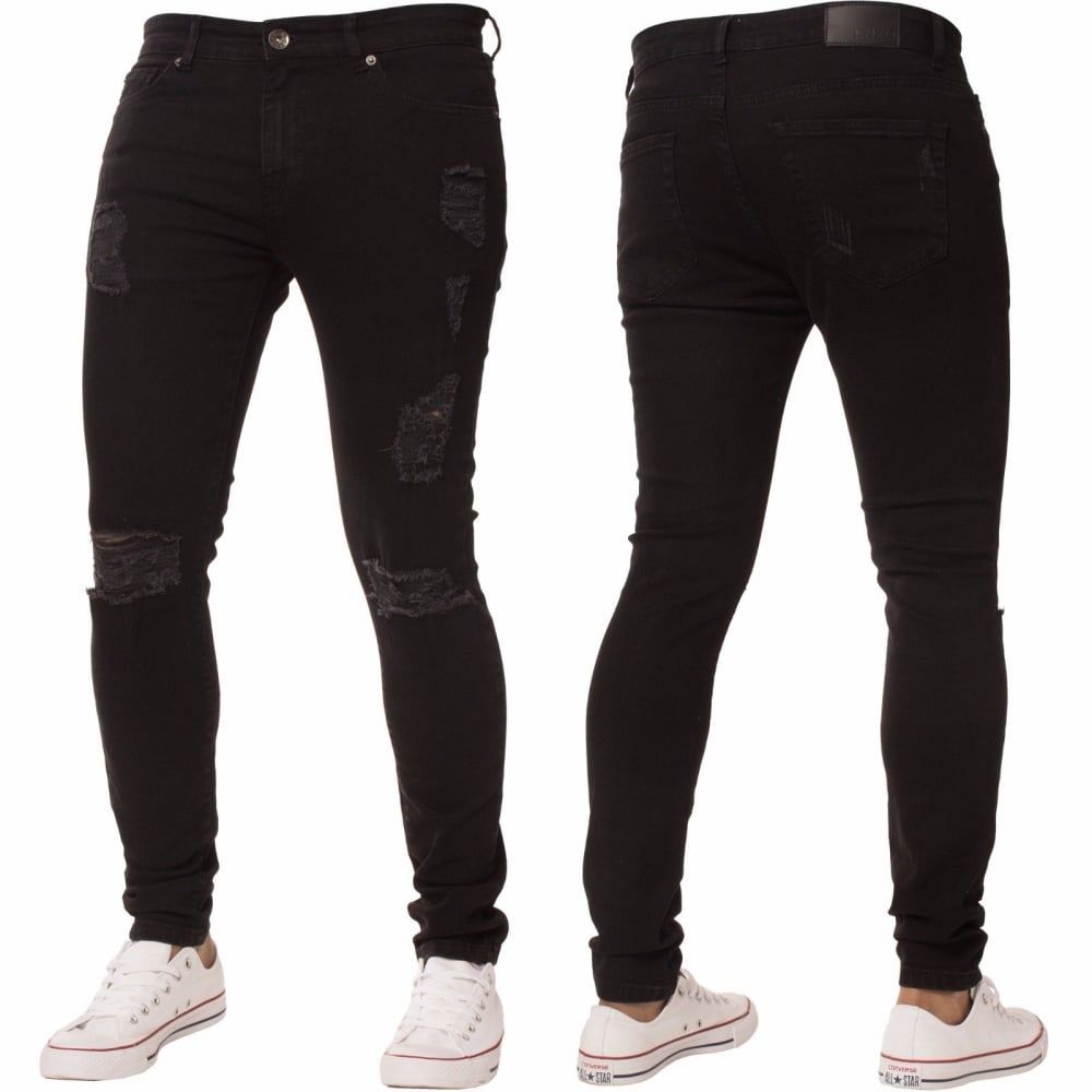 New ENZO Mens Designer Stretch Super Skinny Ripped Denim Jeans Black