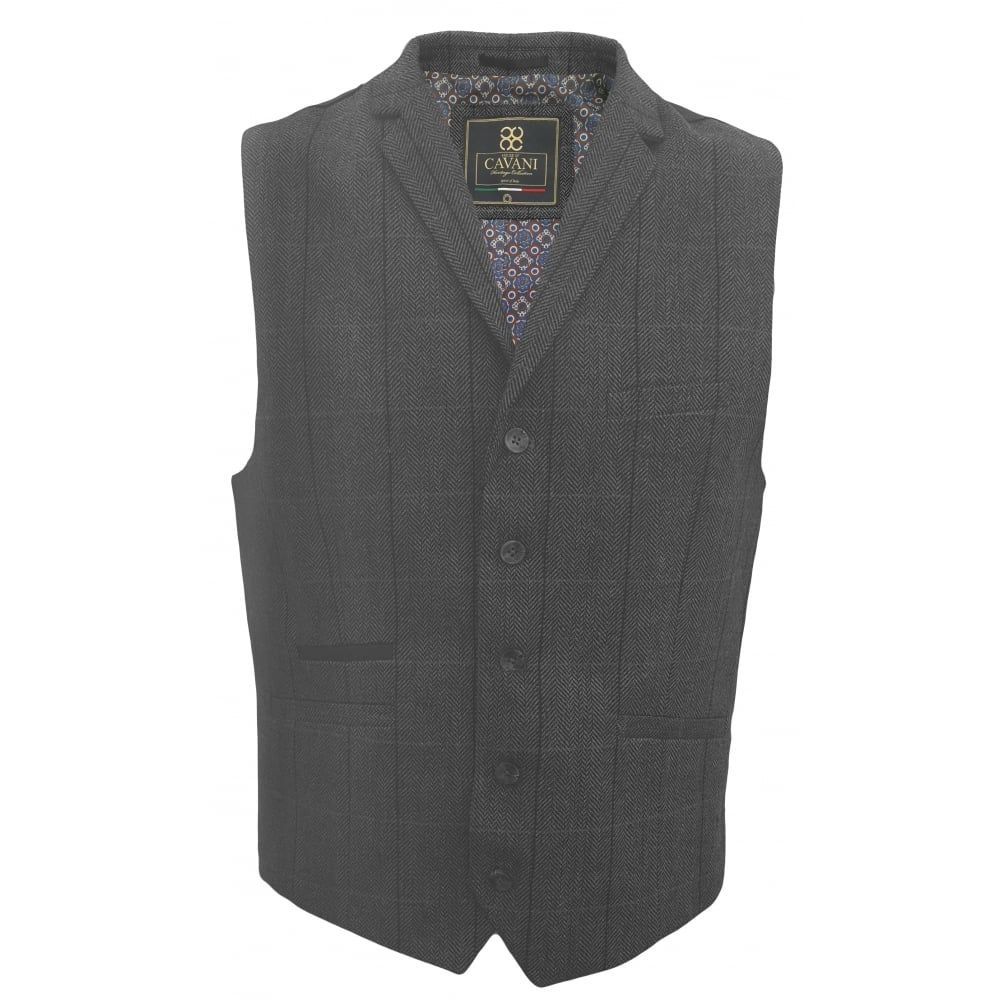 Cavani Mens Check Miles Herringbone Slim Fit Waistcoat Grey