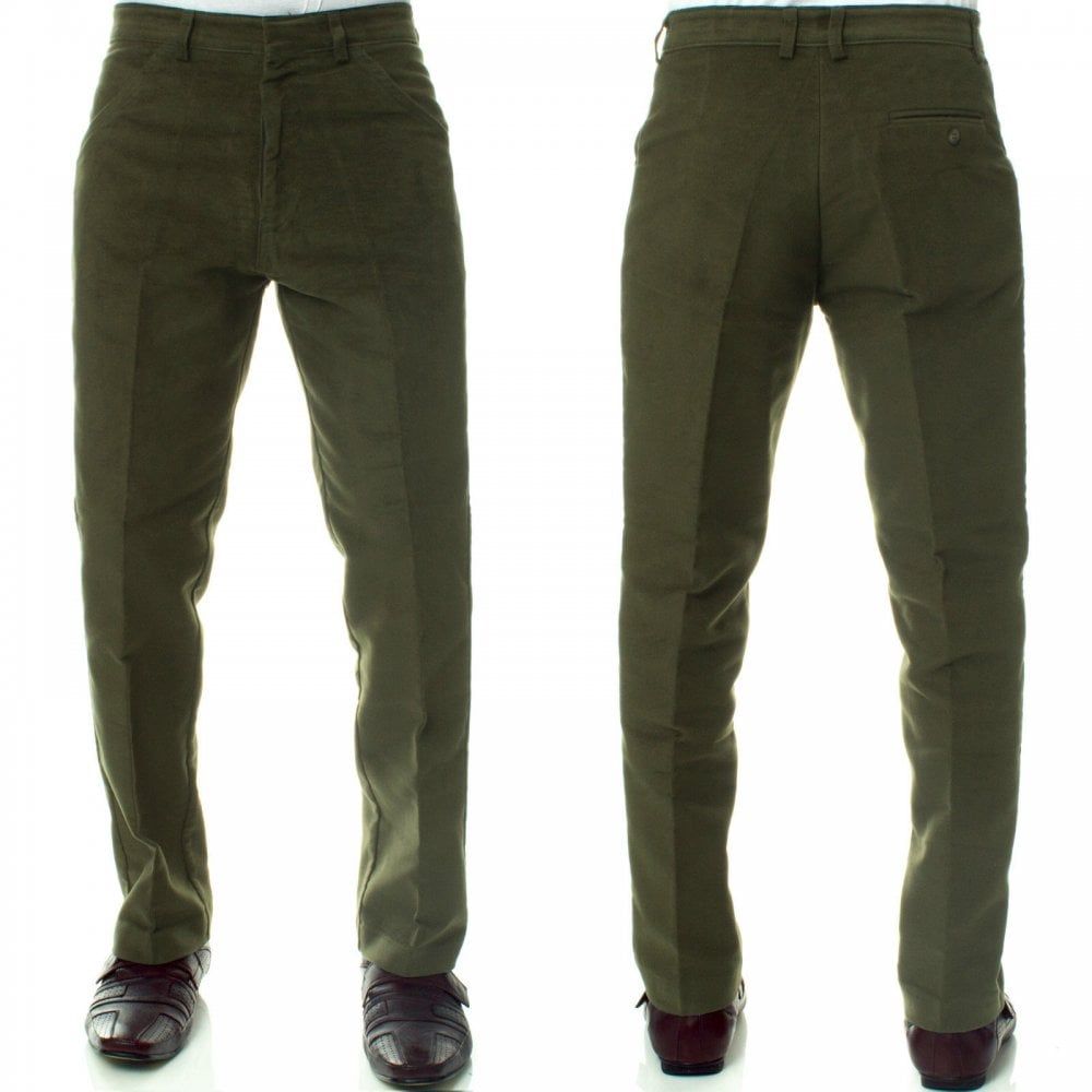 Mens Carabou New Casual Plain Moleskin Work Hunting Trousers Olive Green