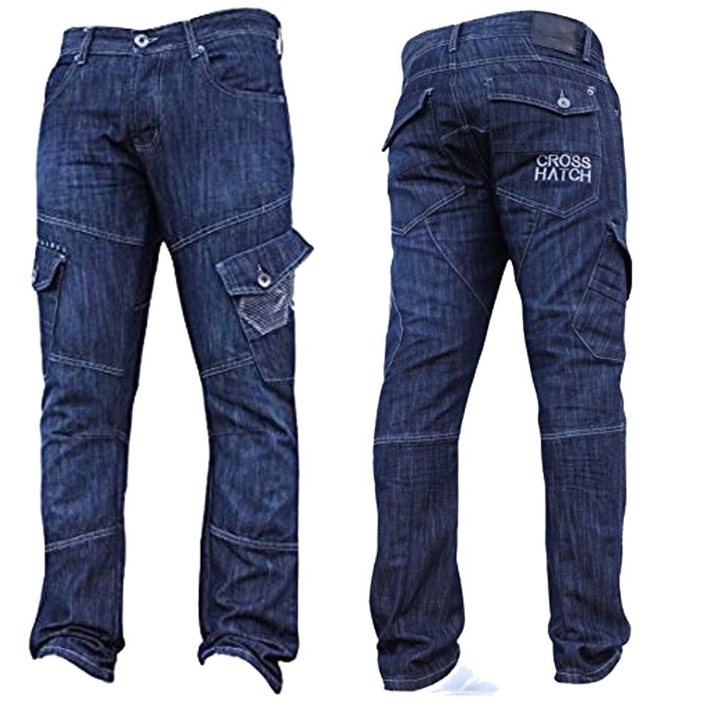 Mens Jeans Crosshatch New CARGO Combat StoneWashed Straight Leg Jeans