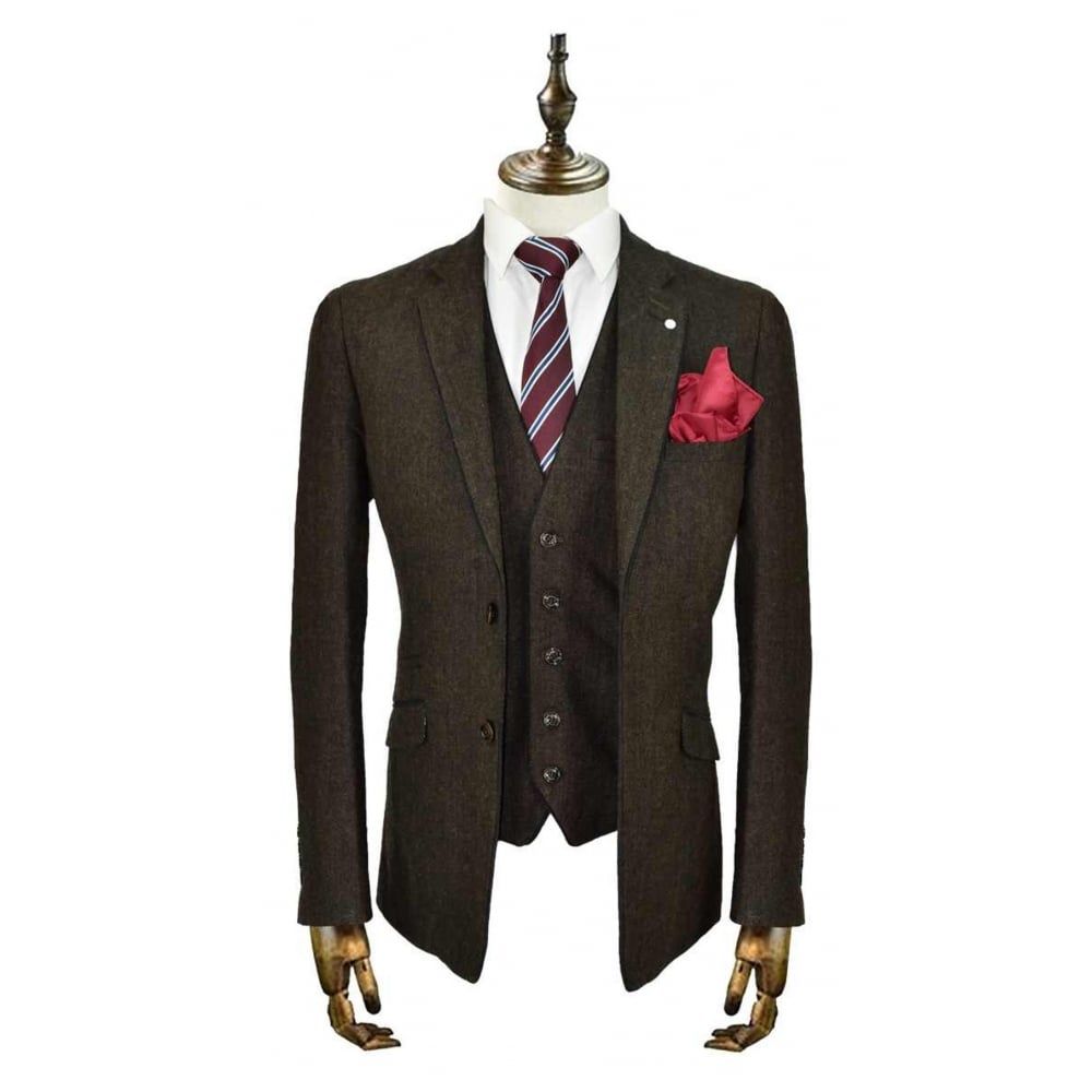 Cavani Kaos Mens 3 Piece Suits Plain Tweed Regular Fit Blazer Brown