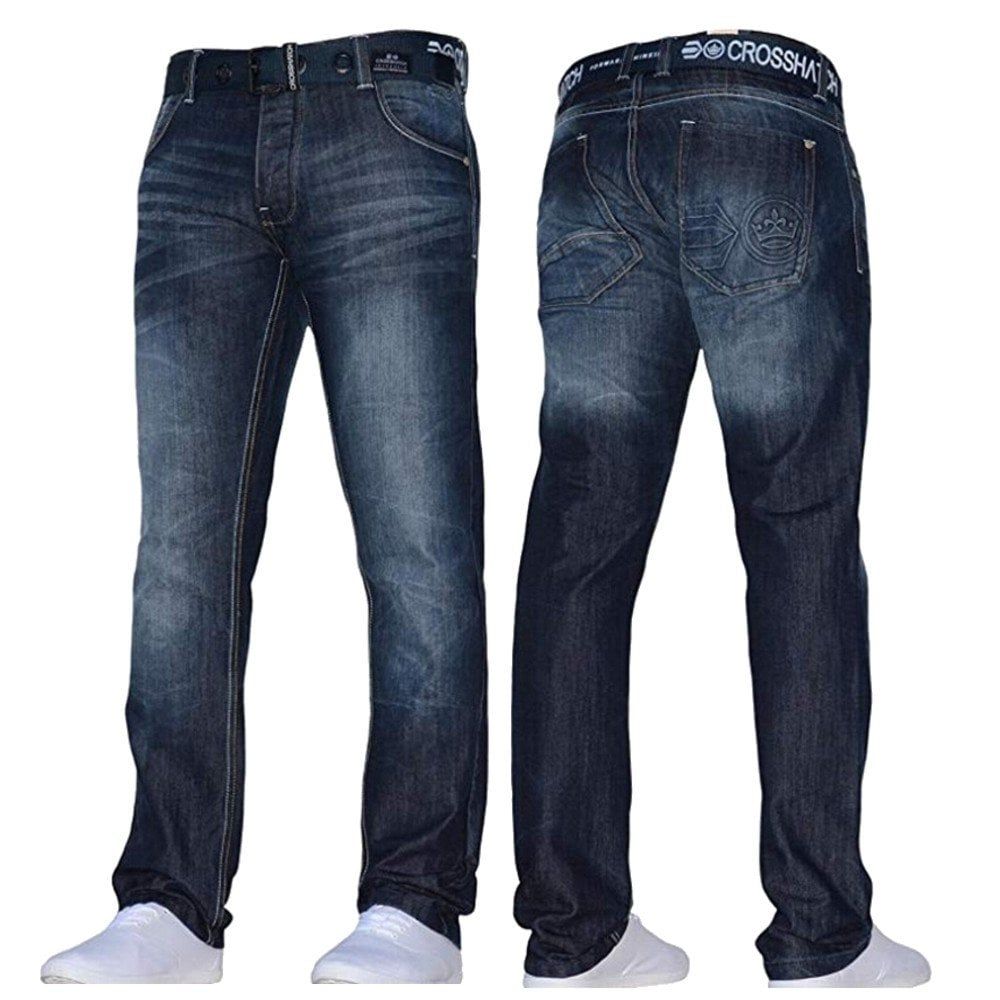 Crosshatch Mens Techno Embossed Straight Leg Jeans Dark Used Look