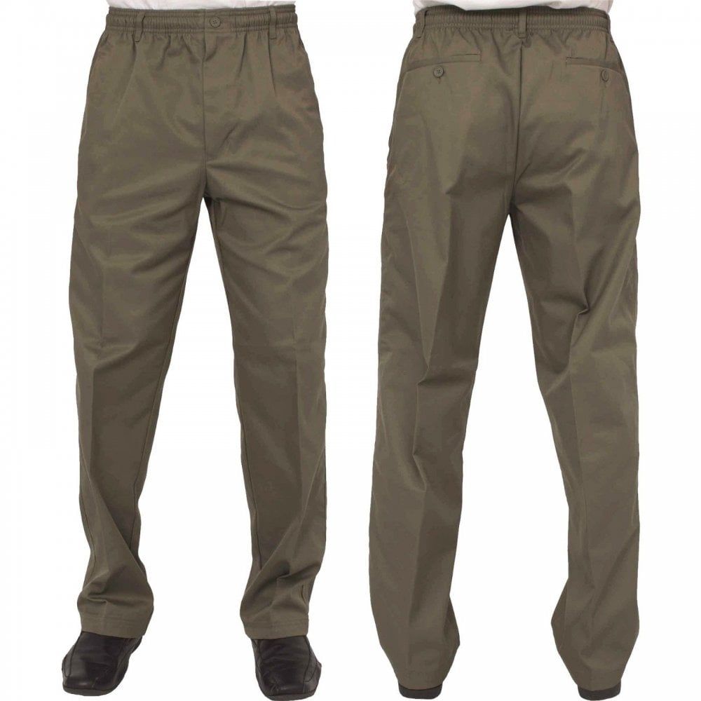 Mens Carabou New Elasticated Waist Work Casual Plain Rugby Trousers Moss