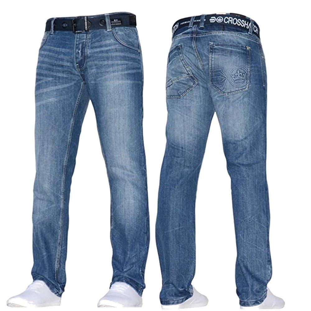 Crosshatch Mens New Techno Embossed Straight Leg Jeans Mid Used Look