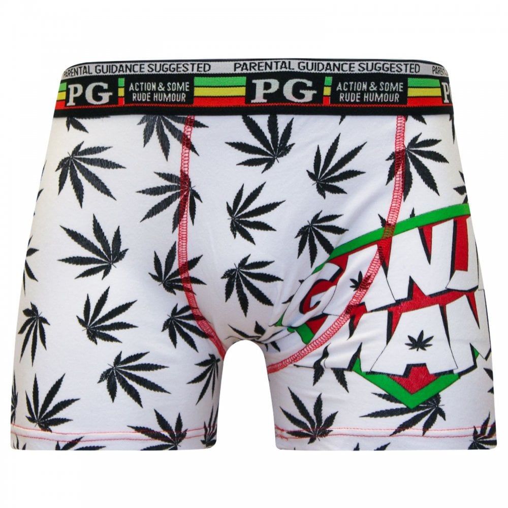 Mens PG Men's Ganja Man Cartoon Novelty Boxer Shorts Trunks White