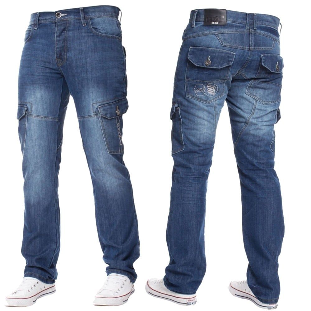 Mens Jeans Enzo New CARGO Combat Mid Washed Straight Leg Jeans