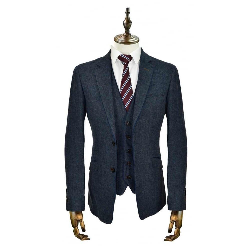 Cavani Kaos 3 Piece Suits Plain Tweed Regular Fit Blazer Navy